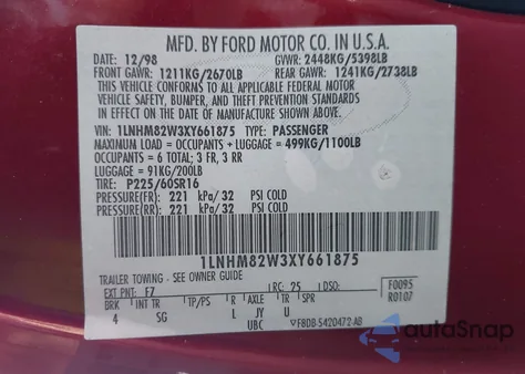 1999 Lincoln Town Car Signature from USA, damaged, VIN 1LNHM82W3XY661875